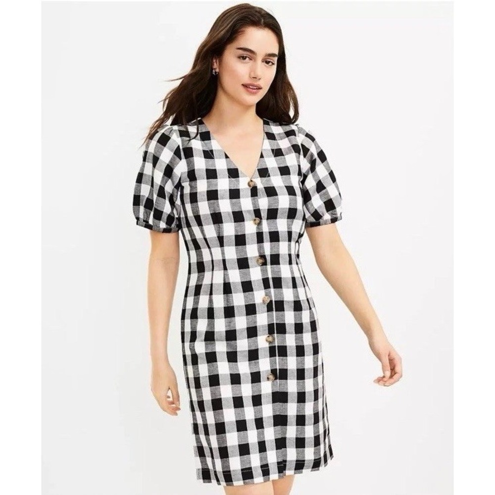 LOFT Dress Black White Gingham Linen Blend Button V-neck / Women's 12